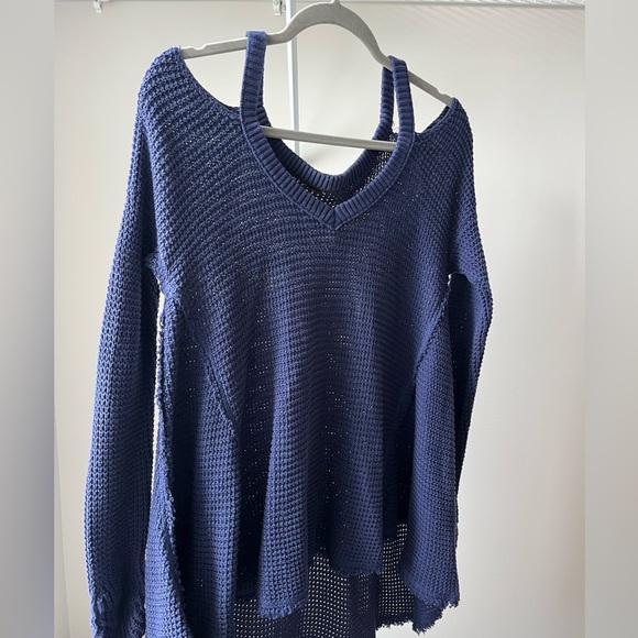 Free People - Oversized Cold Shoulder Waffle Blue Sweater - Picture 2 of 4
